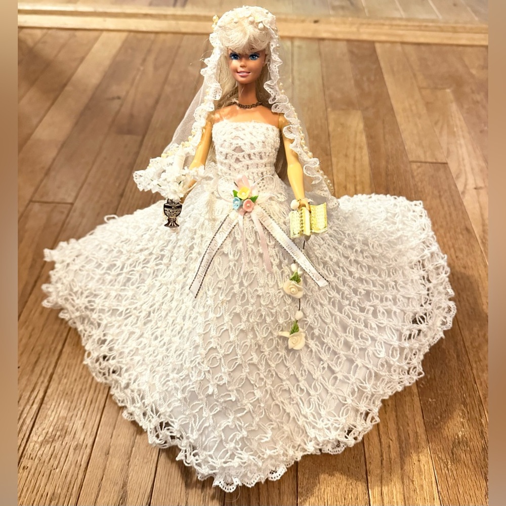 Vintage Barbie Handmade Bridal Gown in White Lace with Pink and Yellow Details